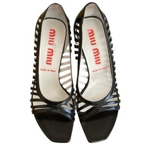 MIU MIU | Black Heeled Peep Toe Shoes Leather with Elegant Design Sz 37.5 Italy